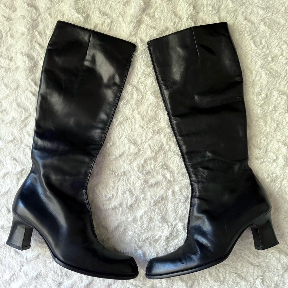 BALLY Fiora Elegant Out Seam Black Leather Knee-High Boots Italy Size 37 EU